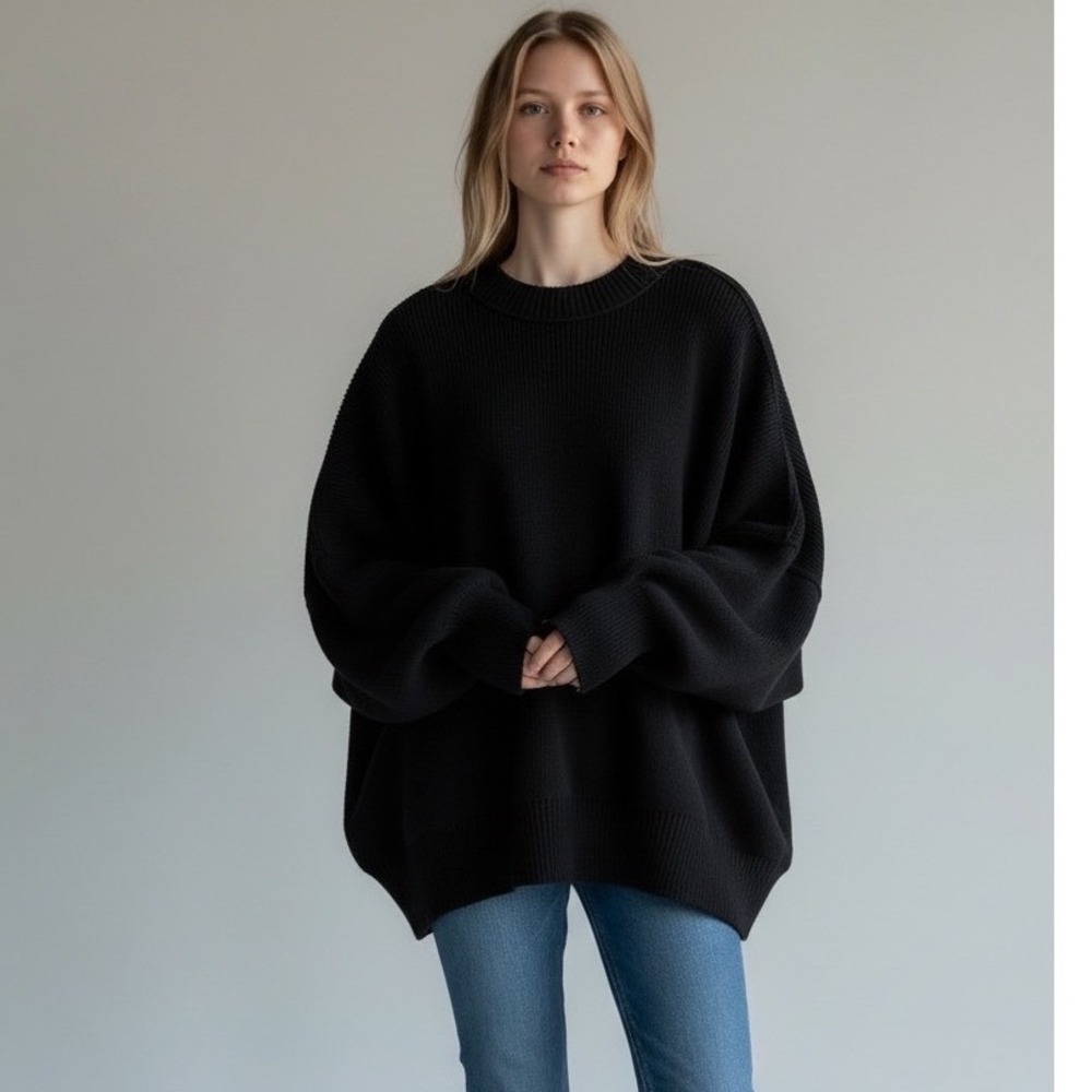 Free People Easy Street Tunic Sweater Black Oversized Ribbed Knit OB991232 S